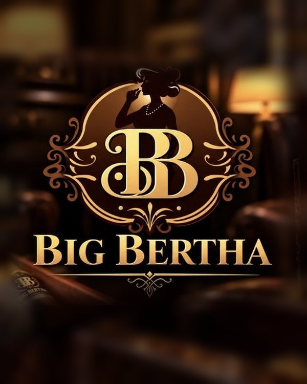A lit Big Bertha cigar on a humidor beside a glass of whiskey, under the gold BB crest.