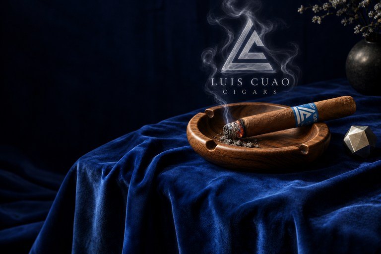 A lit Luis Cuao cigar rests in a wooden ashtray, its smoke rising into the triangular LC logo over navy velvet.