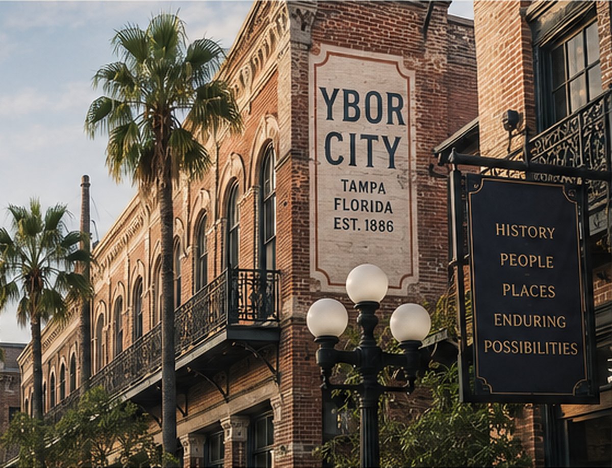 Historic brick buildings, palm trees and street lamps in Ybor City, Tampa.
