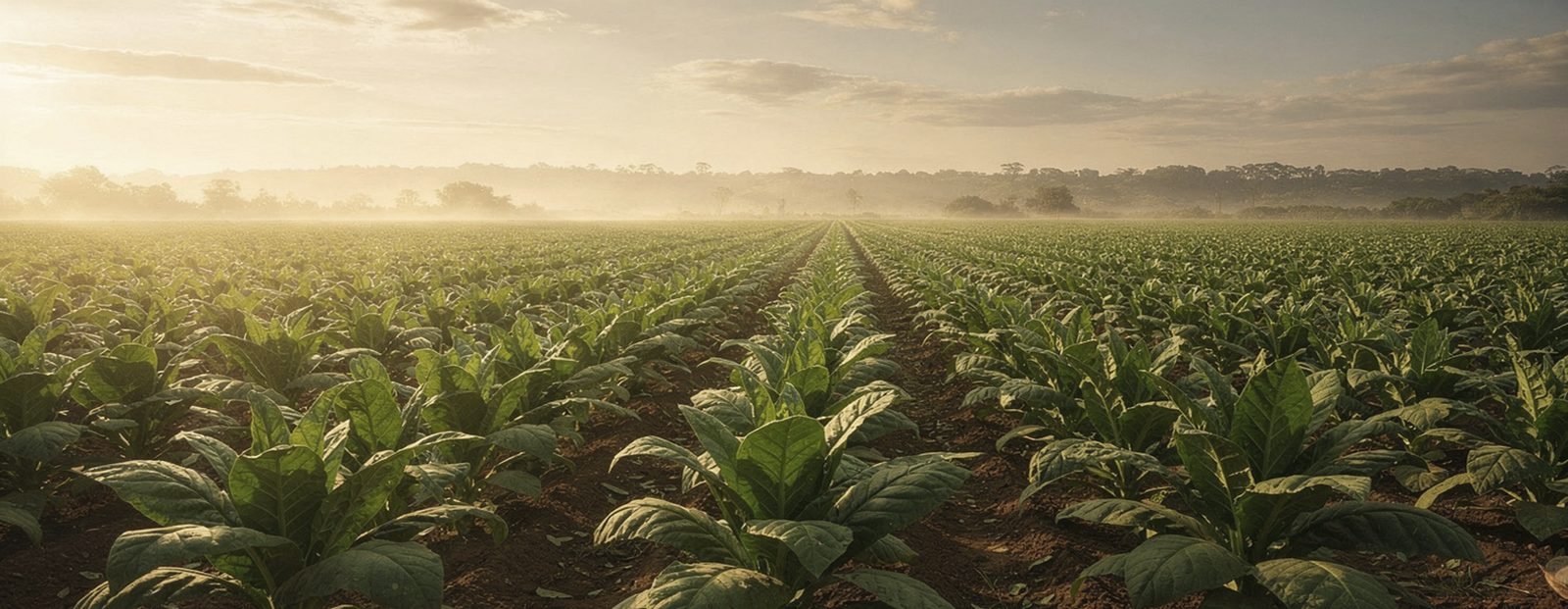Rows of young tobacco plants in a Nicaraguan field at sunrise.