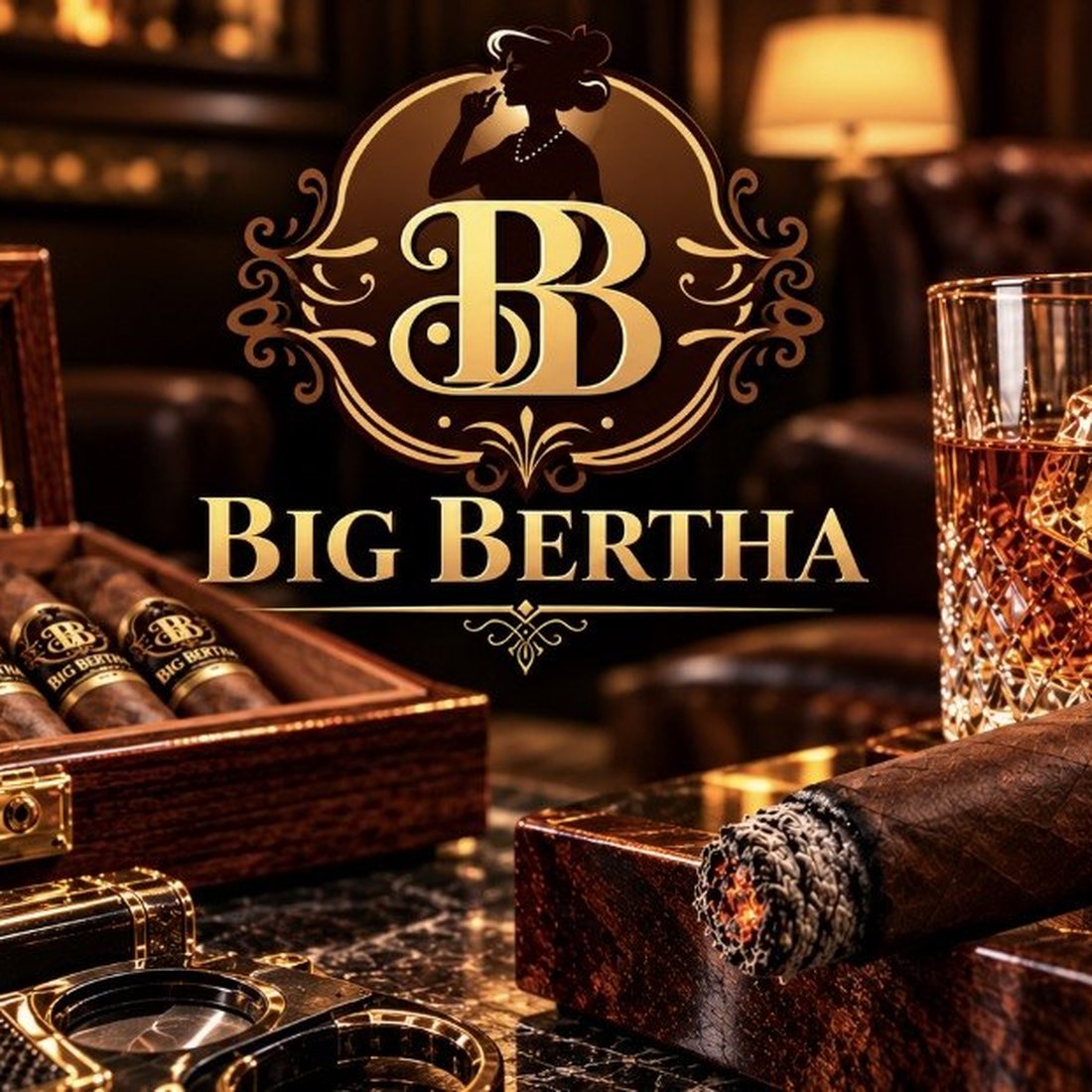 A lit Big Bertha cigar on a humidor beside a glass of whiskey, under the gold BB crest.
